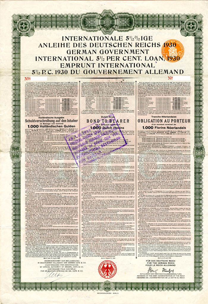 German Government International 5.5% 1930 Young Gold Bond (Uncanceled)